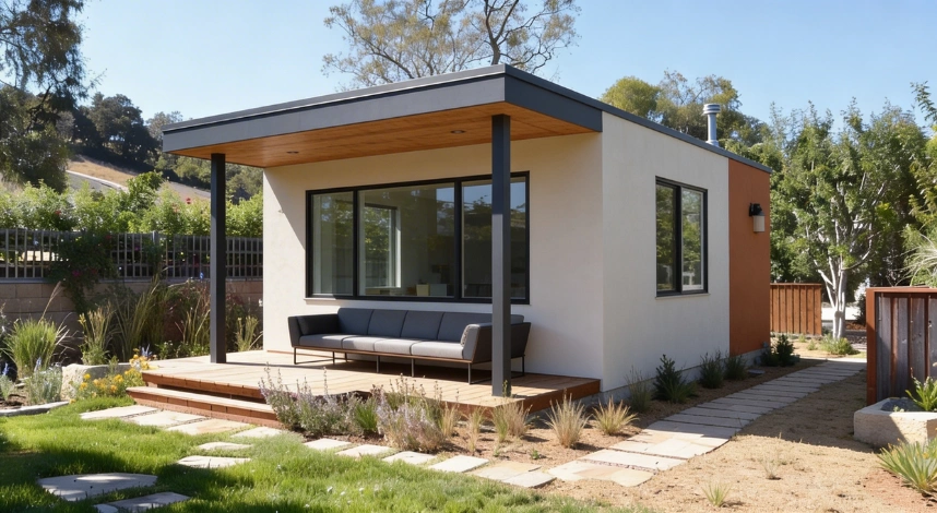 Backyard detached ADU construction project in Los Angeles by LA DREAM ADU with modern flat roof design